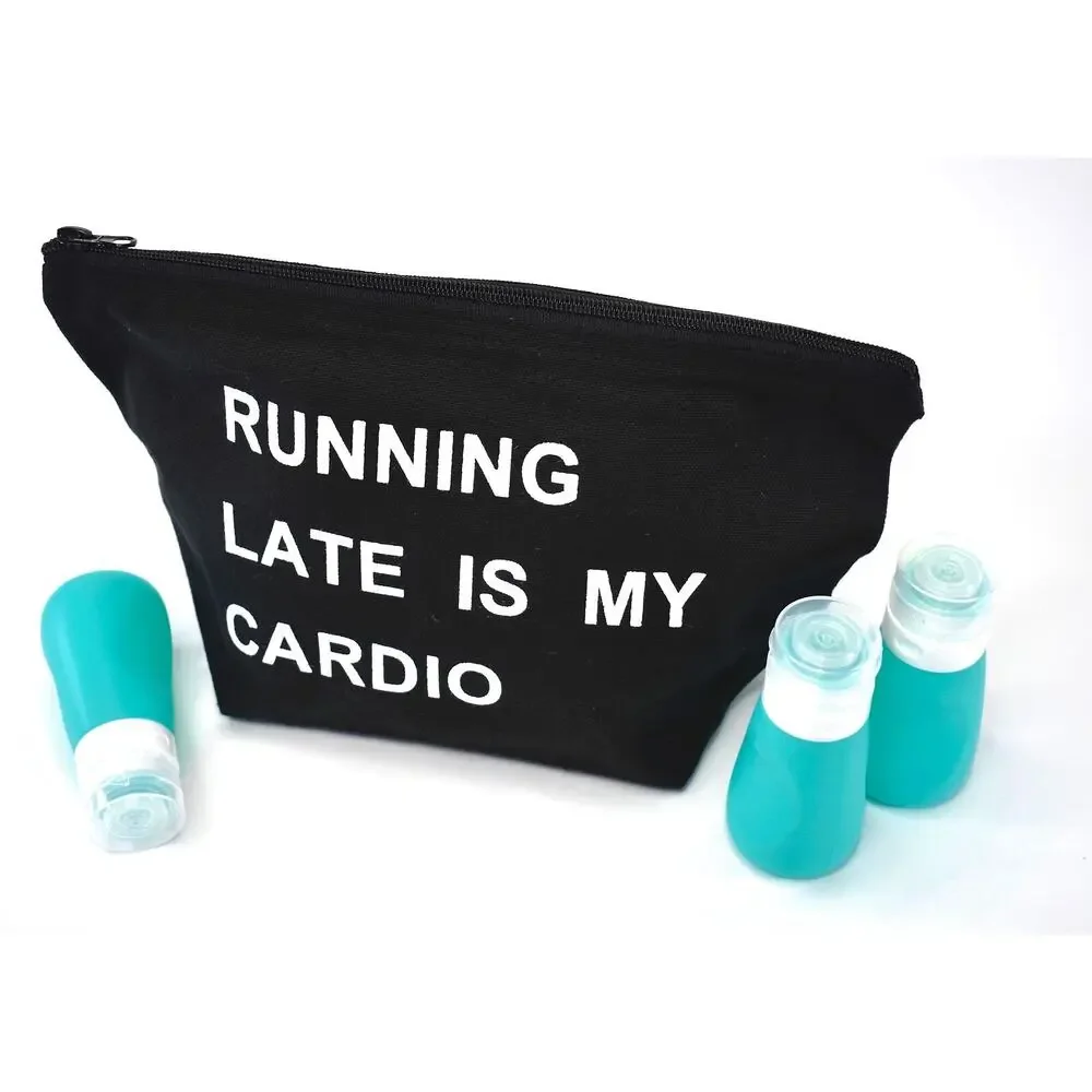 Running Late Is My Cardio Makeup Bag Set w Travel Bottles NEW